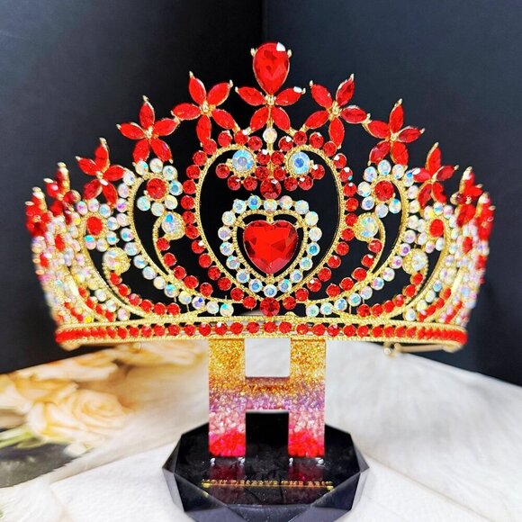 Crystal heart tiara, Gold tiara, Red stone tiara, Bridal tiara, Birthday crown main image 9